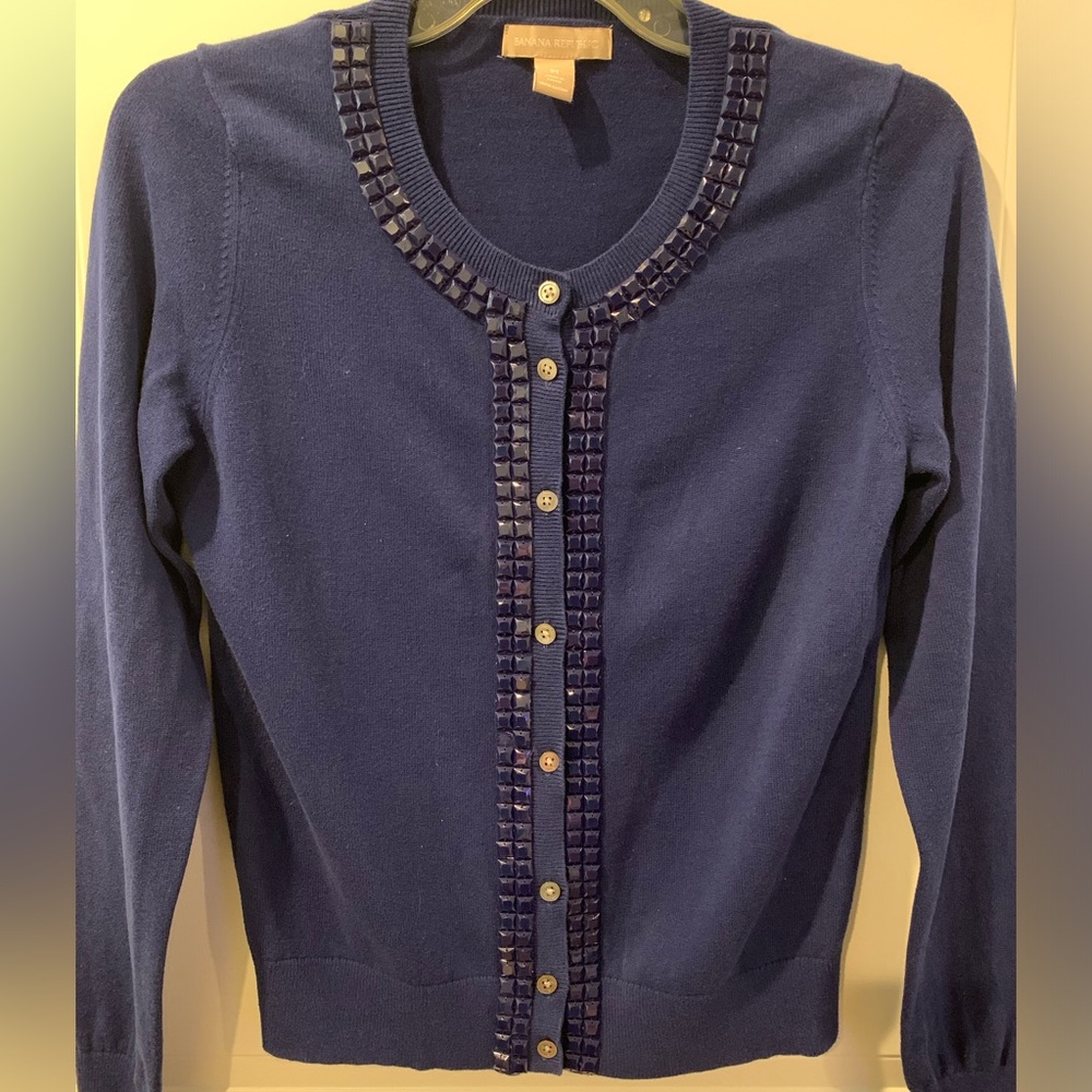 Banana Republic Navy Cardigan with Jewel Trim.